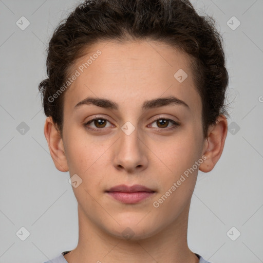 Neutral white young-adult female with short  brown hair and brown eyes