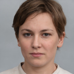 Neutral white young-adult female with short  brown hair and grey eyes