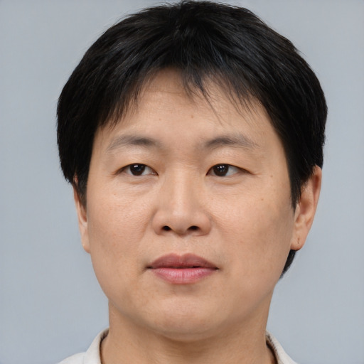 Joyful asian adult male with short  brown hair and brown eyes