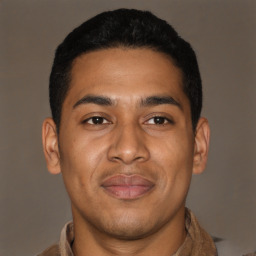 Joyful latino young-adult male with short  brown hair and brown eyes