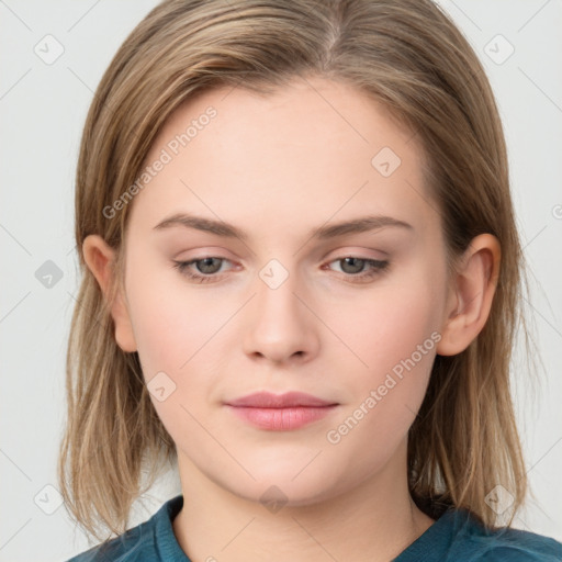 Neutral white young-adult female with long  brown hair and grey eyes