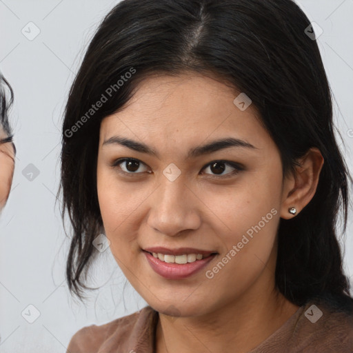 Joyful white young-adult female with medium  brown hair and brown eyes