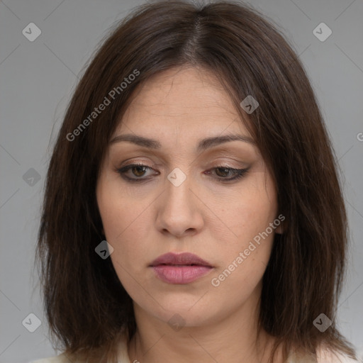 Neutral white young-adult female with medium  brown hair and brown eyes