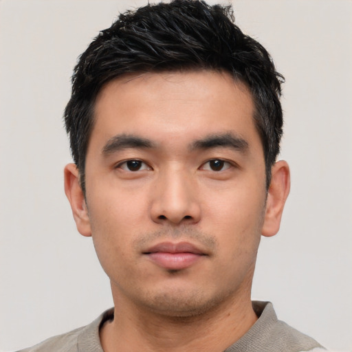 Neutral asian young-adult male with short  black hair and brown eyes