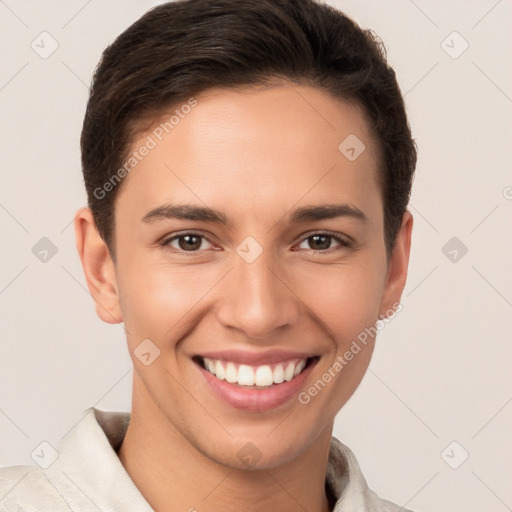 Joyful white young-adult female with short  brown hair and brown eyes