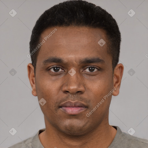 Neutral latino young-adult male with short  black hair and brown eyes