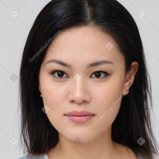 Neutral asian young-adult female with medium  black hair and brown eyes