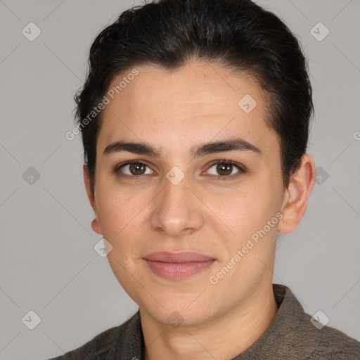 Joyful white young-adult female with short  brown hair and brown eyes