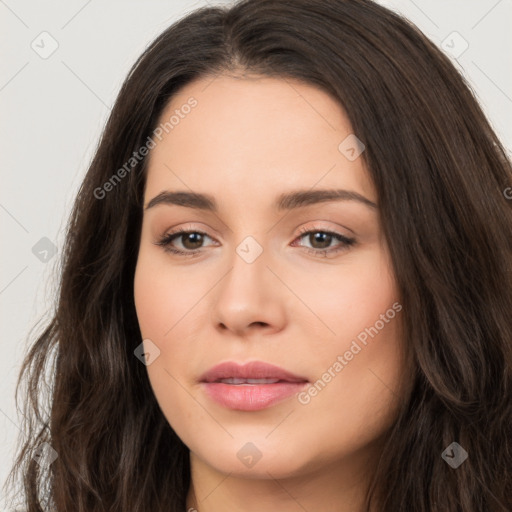 Neutral white young-adult female with long  brown hair and brown eyes