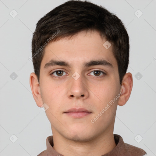 Neutral white young-adult male with short  brown hair and brown eyes