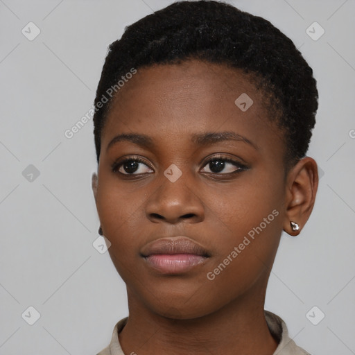 Neutral black young-adult female with short  black hair and brown eyes