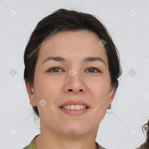 Joyful white young-adult female with short  brown hair and brown eyes