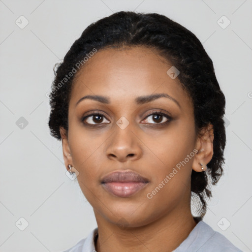 Neutral black young-adult female with short  black hair and brown eyes