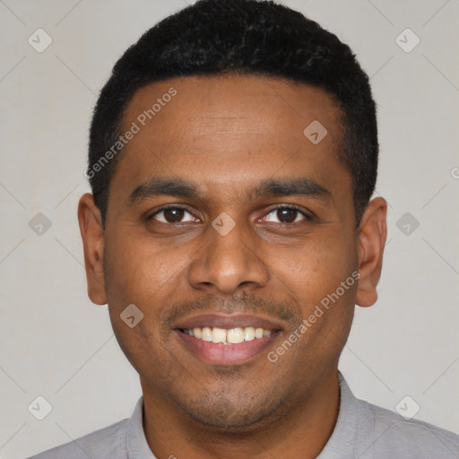 Joyful latino young-adult male with short  black hair and brown eyes