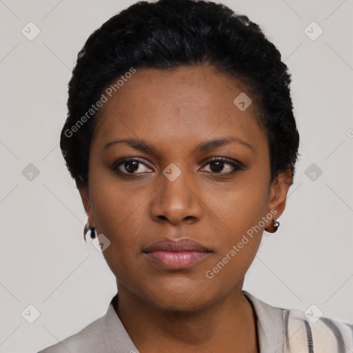 Neutral black young-adult female with short  black hair and brown eyes