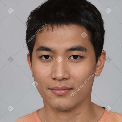 Neutral asian young-adult male with short  black hair and brown eyes