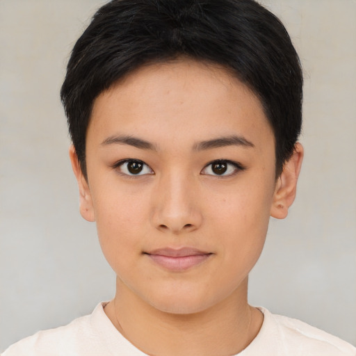 Neutral asian young-adult female with short  brown hair and brown eyes
