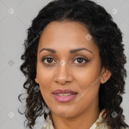 Joyful latino young-adult female with medium  brown hair and brown eyes