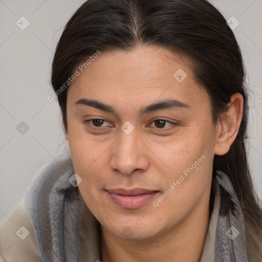 Joyful white young-adult female with long  brown hair and brown eyes