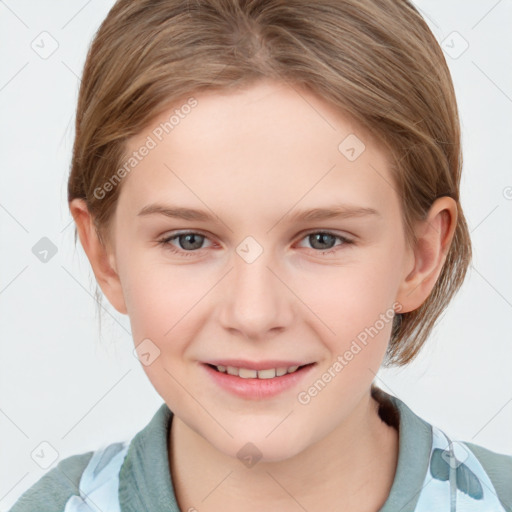 Joyful white child female with medium  brown hair and grey eyes