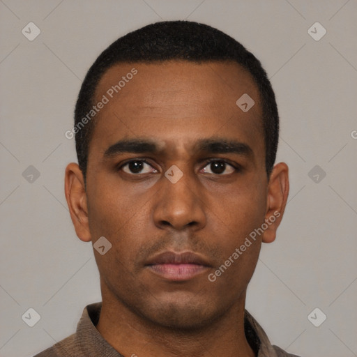 Neutral latino young-adult male with short  black hair and brown eyes