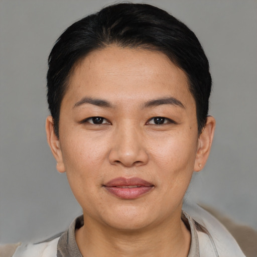 Joyful white young-adult female with short  black hair and brown eyes