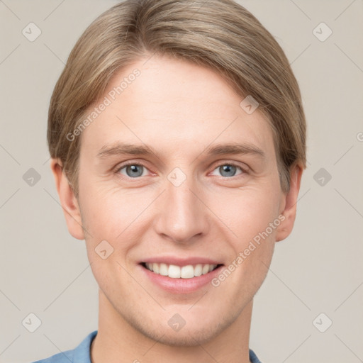 Joyful white young-adult female with short  brown hair and grey eyes