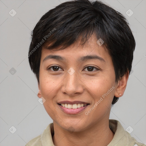 Joyful white young-adult female with short  brown hair and brown eyes