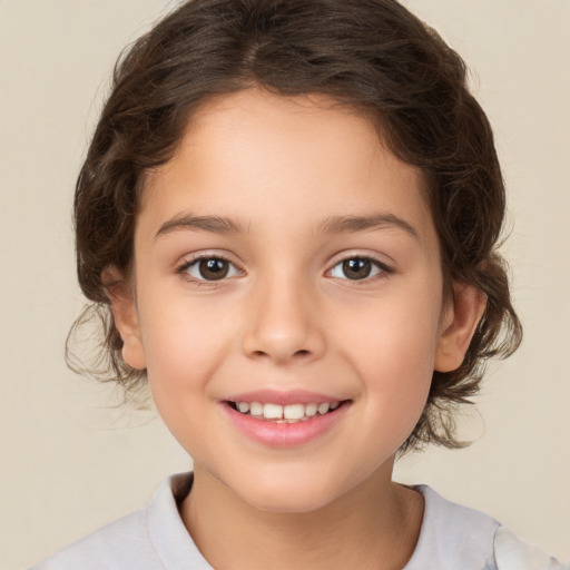 Joyful white child female with medium  brown hair and brown eyes