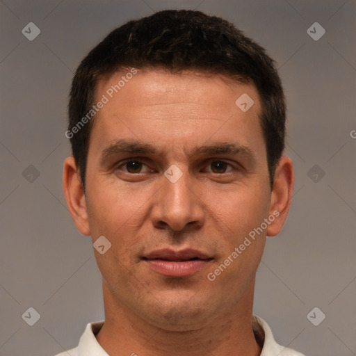 Joyful white young-adult male with short  brown hair and brown eyes