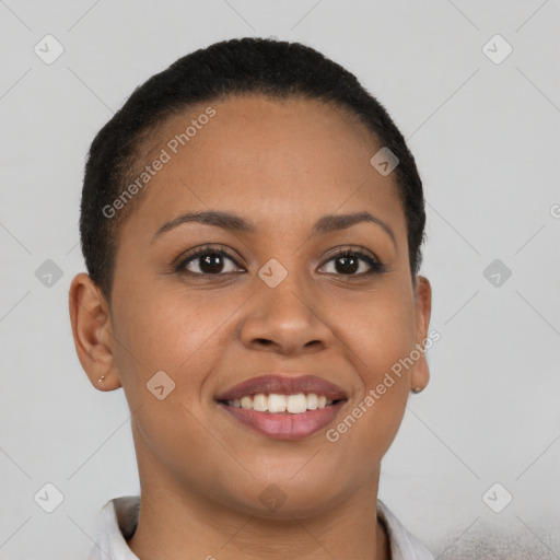 Joyful latino young-adult female with short  brown hair and brown eyes