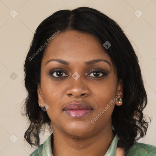 Joyful black young-adult female with medium  black hair and brown eyes
