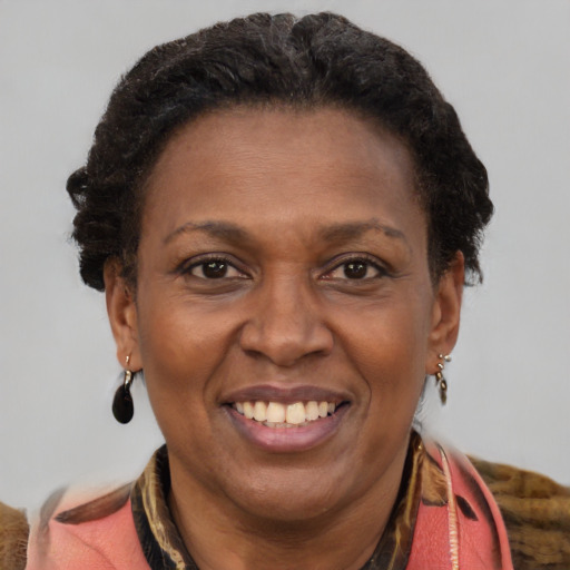 Joyful black adult female with medium  brown hair and brown eyes