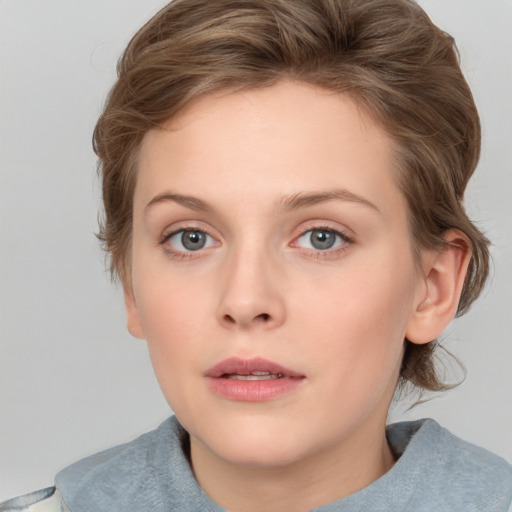 Neutral white young-adult female with medium  brown hair and blue eyes