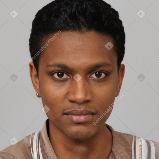 Neutral black young-adult male with short  black hair and brown eyes