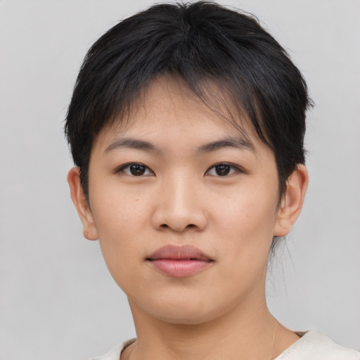 Neutral asian young-adult female with short  brown hair and brown eyes
