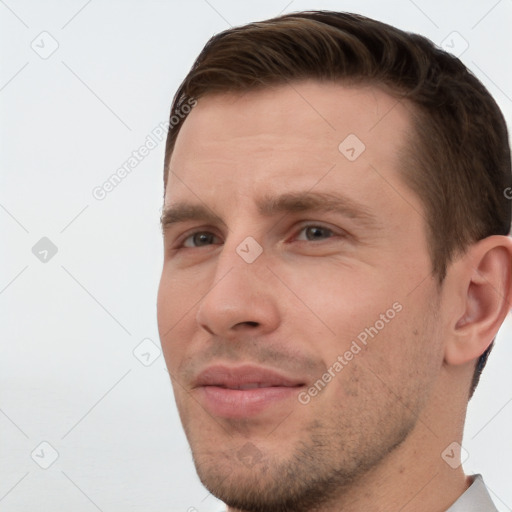 Neutral white young-adult male with short  brown hair and brown eyes