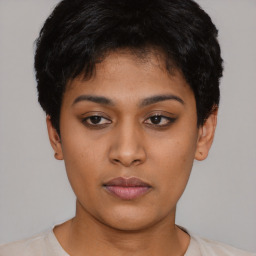 Neutral asian young-adult female with short  black hair and brown eyes