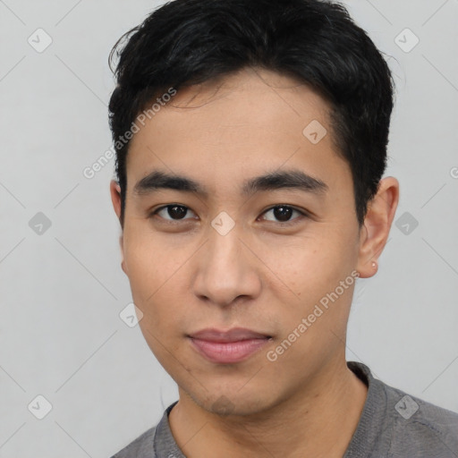 Neutral asian young-adult male with short  black hair and brown eyes