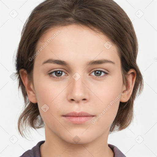 Neutral white young-adult female with medium  brown hair and grey eyes