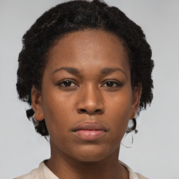 Neutral black young-adult female with short  brown hair and brown eyes