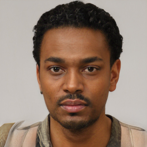 Neutral black young-adult male with short  black hair and brown eyes