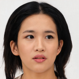 Neutral asian young-adult female with medium  black hair and brown eyes