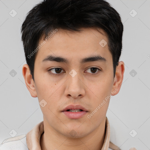 Neutral asian young-adult male with short  brown hair and brown eyes