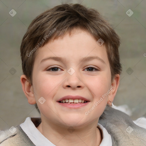 Joyful white child female with short  brown hair and brown eyes