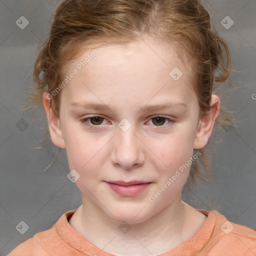 Joyful white child female with medium  brown hair and brown eyes