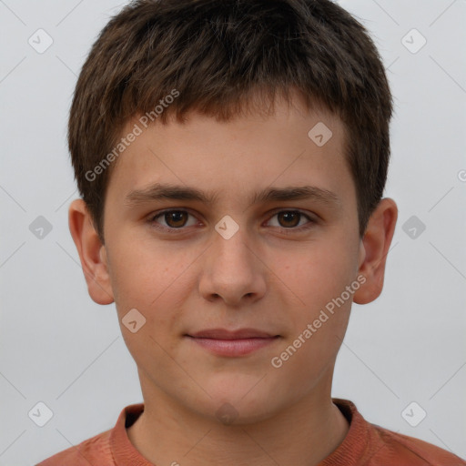 Joyful white child male with short  brown hair and brown eyes