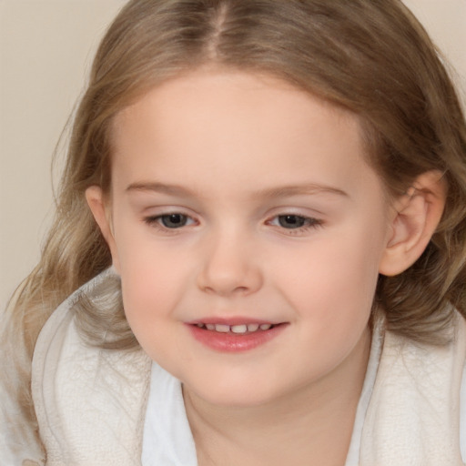 Joyful white child female with medium  brown hair and brown eyes