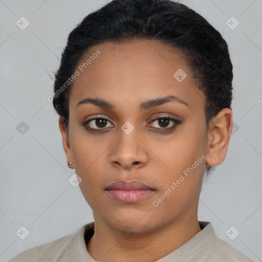 Neutral black young-adult female with short  black hair and brown eyes