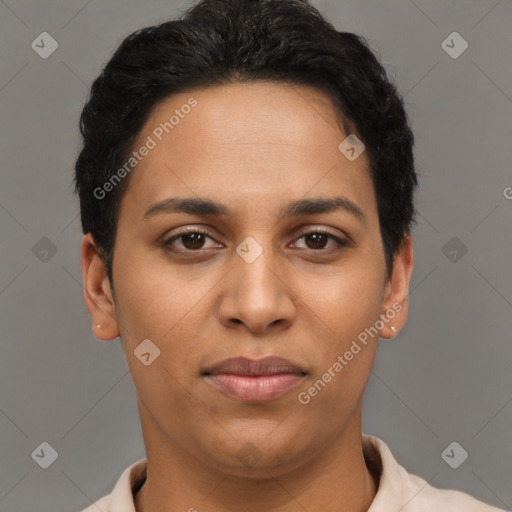 Joyful latino young-adult female with short  brown hair and brown eyes